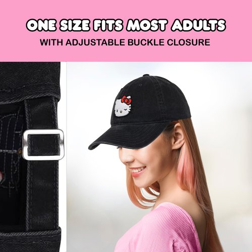 Hello Kitty Baseball Cap, Adjustable Cotton Dad Hat with Curved Brim, Chenille Patch, Black, One Size