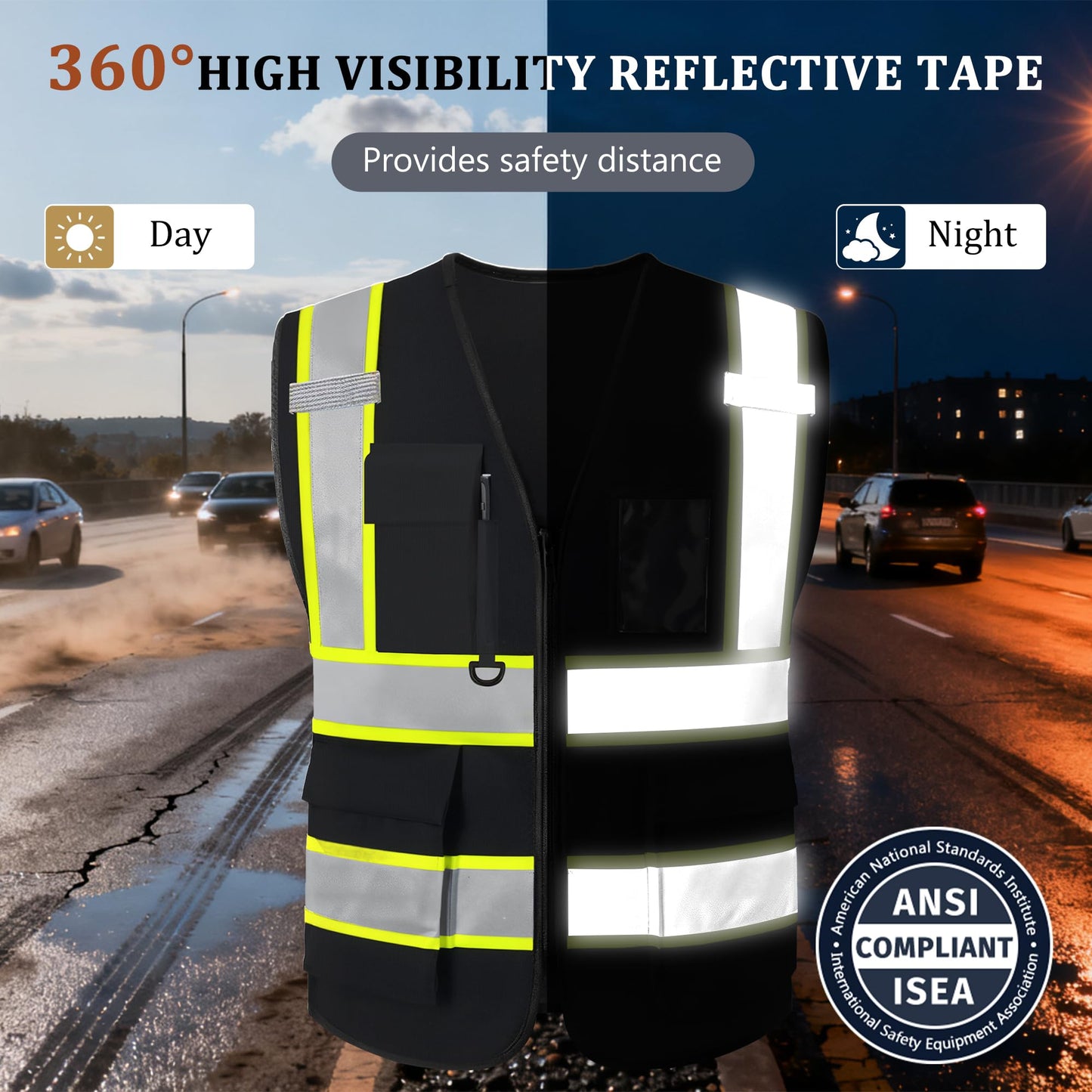 Safekim Custom Safety Vest with Logo, High Visibility Reflective Black Personalized Safety Vest for Men Women, Customized Construction Work Vest with Pockets and Zipper