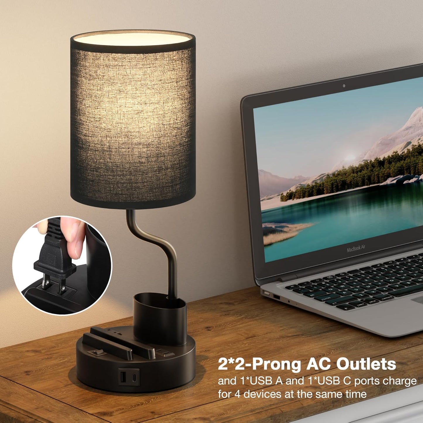 Set of 2 Bedside Table Lamps with USB & AC Outlet - 3 Color Temperatures, Desk Light & Phone Stand for Bedroom, Living Room, Office