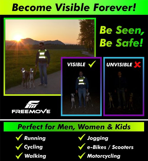 FREEMOVE Reflective Vest Running Gear + 2 Bands & Bag/Ultralight & Comfy Safety Vests with Front Zip Pocket > High Visibility Reflector > for Men, Women > Running, Dog Walking or Cycling
