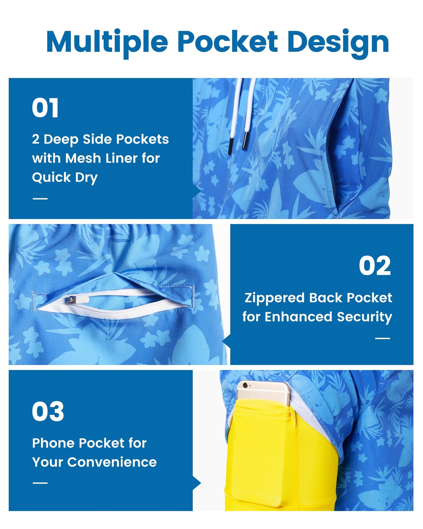 maamgic Mens Swim Trunks with Compression Liner 7 Inch Inseam Mens Bathing Suit Quick Dry Swimming Trunks Swimsuit Flower Blue Yellow Small