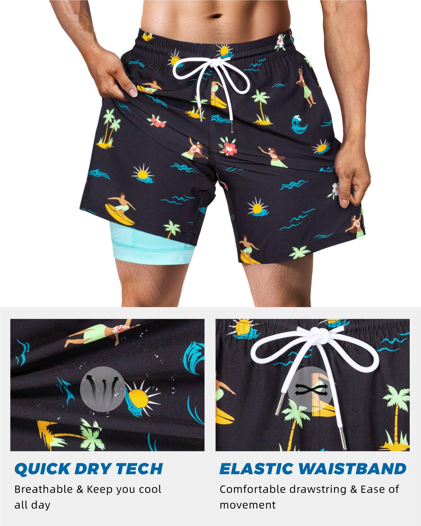 SURF CUZ Mens Swim Trunks with Compression Liner Quick Dry Swim Shorts 7" Swimming Trunks Stretch Bathing Suit 7 Inch,Hawaii Trip,S