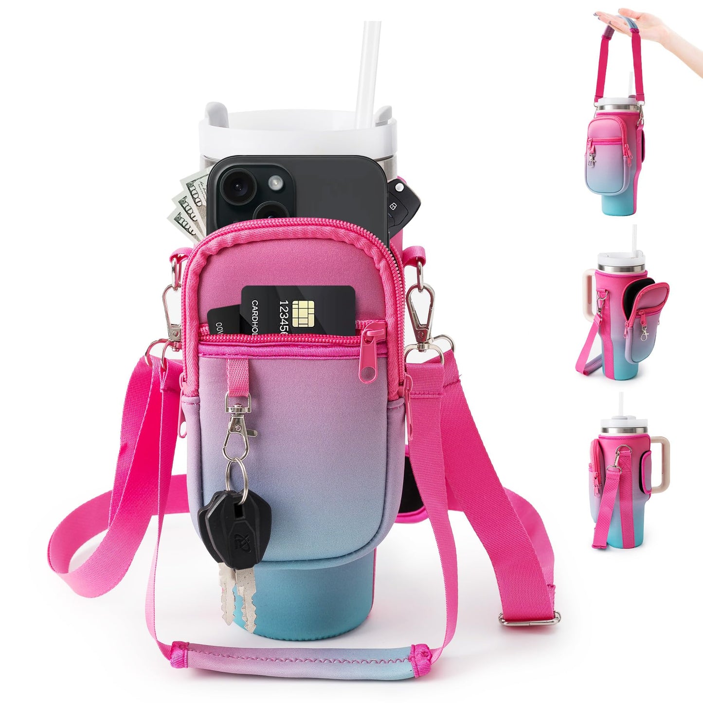 linmaya Water Bottle Carrier Bag for Stanley Cup 40/30oz with Phone Holder Pockets,Neoprene Water Bottle Cross-body Bag with Adjustable Shoulder & Hand Strap Stanley Cup Accessories