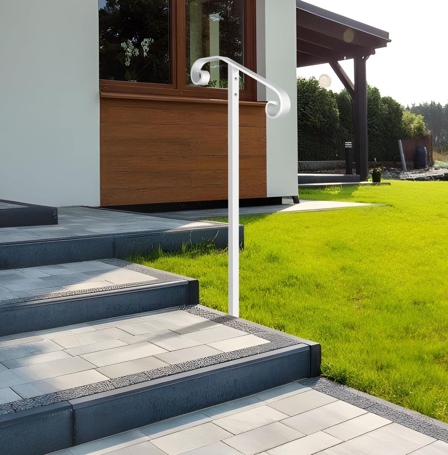 Zwinz Handrail Railing, In-Ground Single Post Handrail, Wrought Iron Stair Handrail Grab Rail for Steps Porch,Sturdy Outdoor Handrails, Long Post Fits 1 or 2 Steps, White