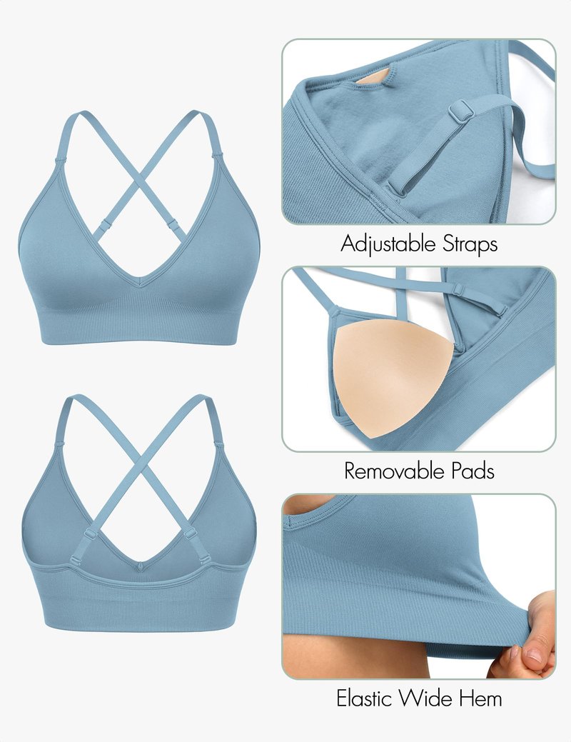 WANAYOU Sports Bras for Women, V Neck Adjustable Spaghetti Strap Criss Cross Sports Bra Padded Low Impact Wireless Seamless Sexy Bralettes for Athletic 3 Pack Black White Blue Large