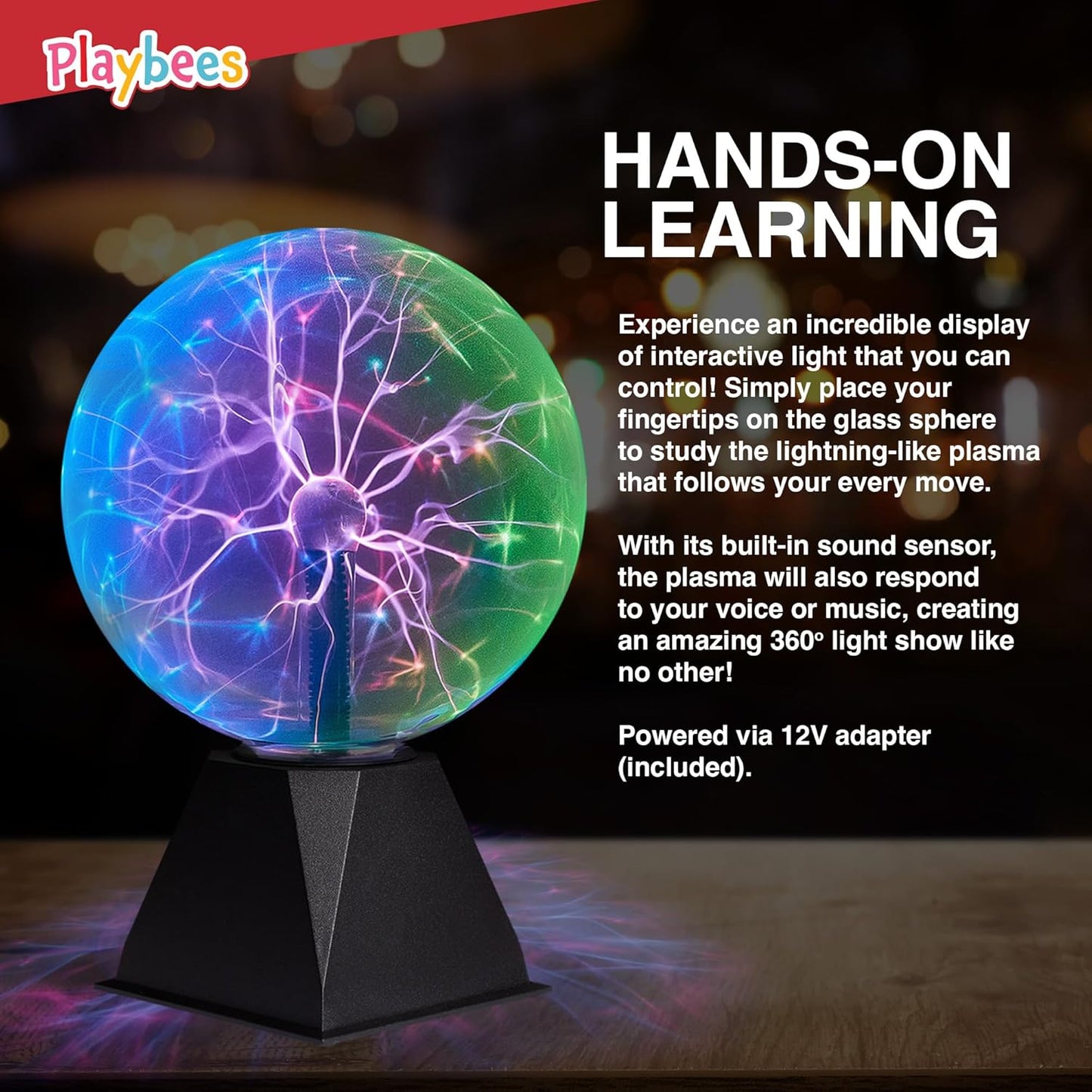 Playbees 7-Inch Colorful Plasma Ball - Tesla Coil Globe with Multicolor Lightning Effects for Parties & STEM Learning