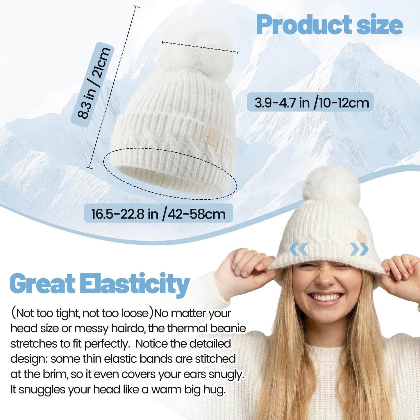 Ababalaya 100% Real Angora Rabbit Hair Knit Beanie with Real Fox Hair Pom Pom, Warm Winter Chunky Hat, Double Cuffed Cap Soft Fuzzy Knitted Skull Beanies,White