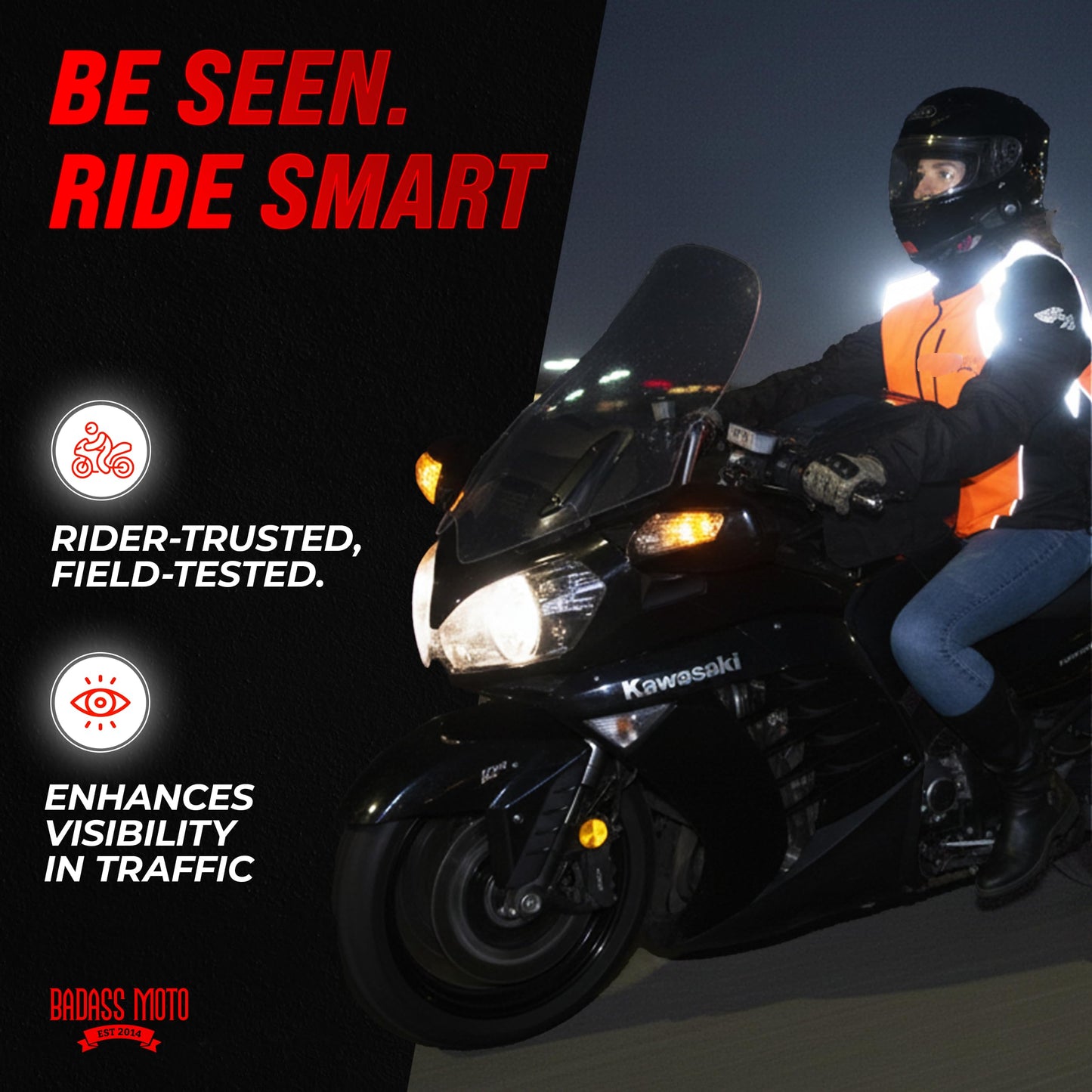 Badass Moto Motorcycle Safety Vest. Orange Motorcycle Reflective Vest with Pockets. High Visibility Biking Gear for Men and Women. Stylish Hi Vis Gear Gifts for Harley Davidson Riders, ATV Riding. 3XL