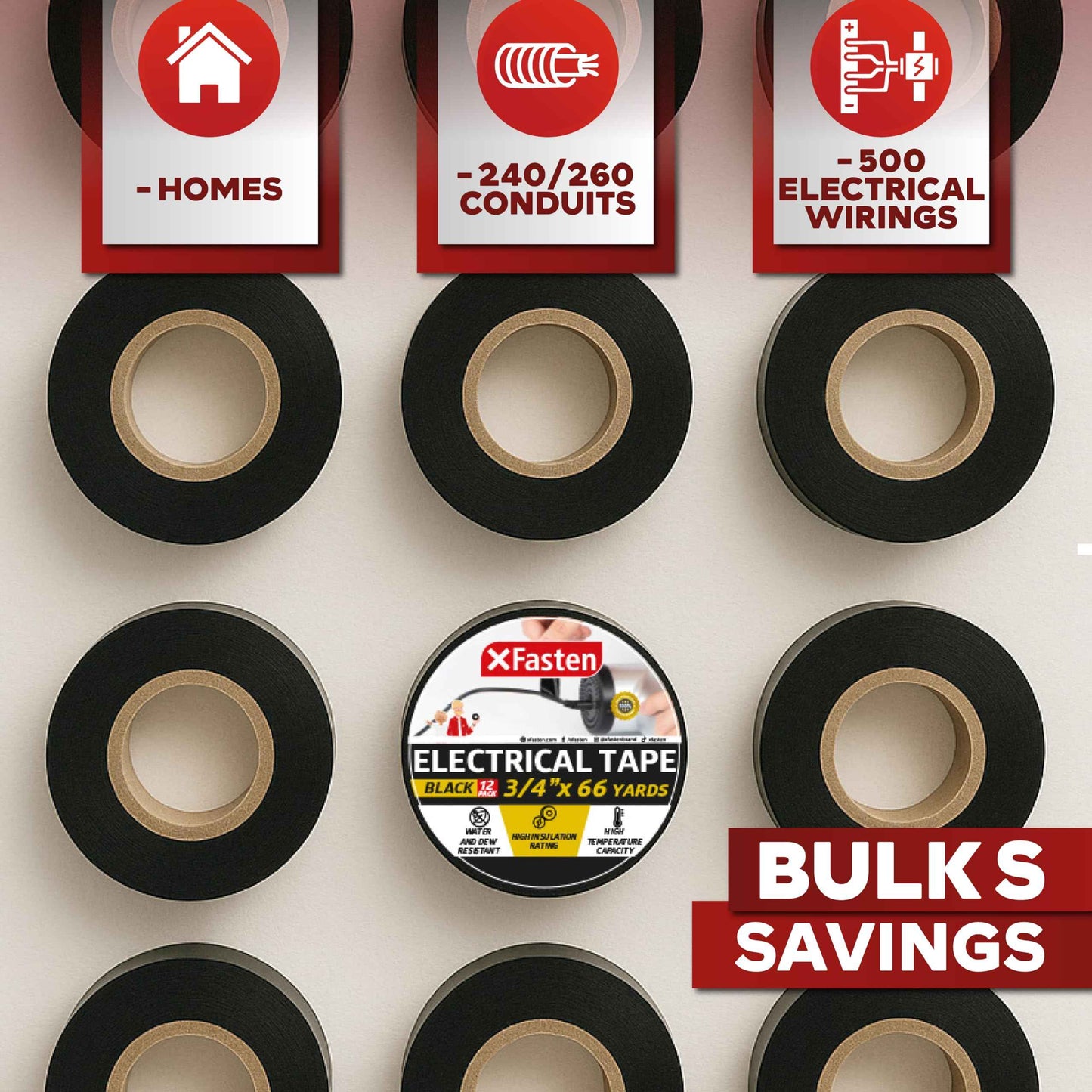 XFasten Electrical Tape Black 3/4 Inch x 66 Feet 12-Pack (792 Feet Total) UL/CSA Listed High Temp Residue-free Vinyl Automotive Electric Tape Waterproof (Black, 3/4 Inch x 66ft (12-Pack 792 ft Total))