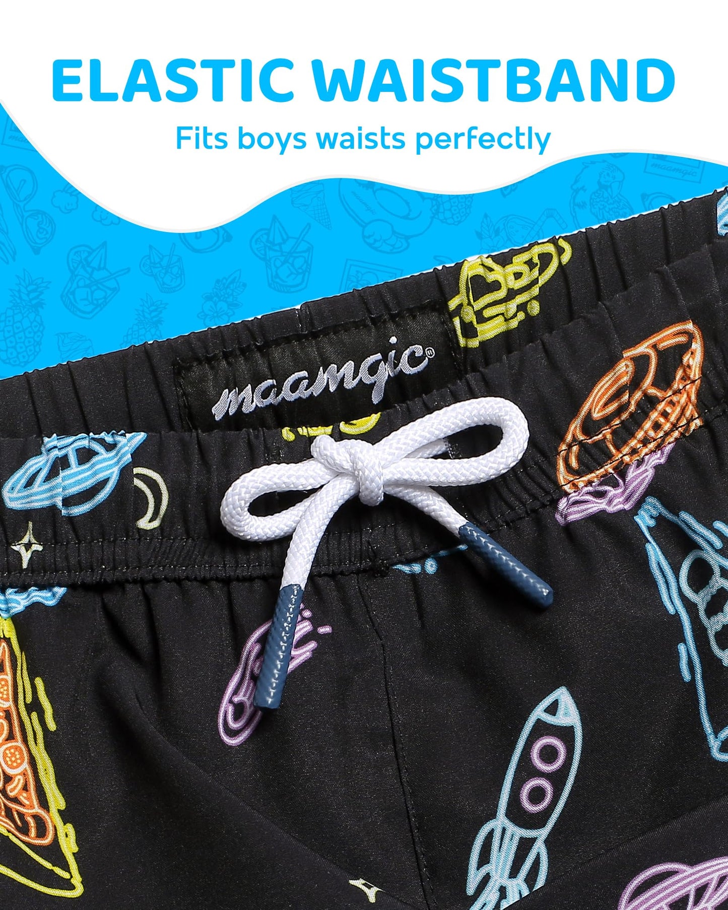 maamgic Boys Swim Trunks with Compression Liner 4-Way Stretch Quick Dry Swim Shorts Swimming Trunks Toddler Boy Alien Black 10-12 Years