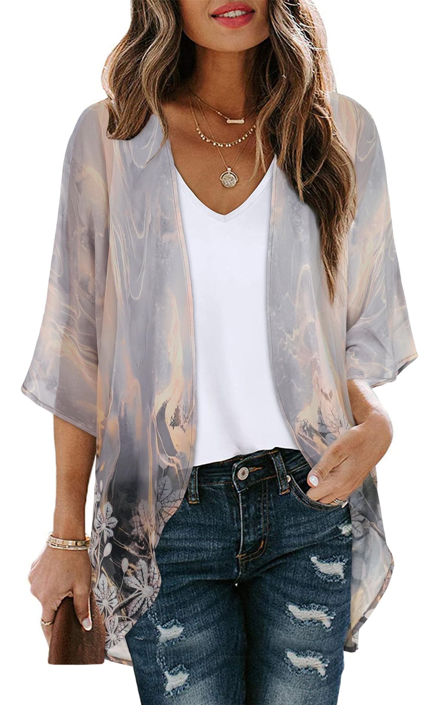 Women's Floral Print Puff Sleeve Kimono Cardigan Loose Cover Up Casual Blouse Tops (Grey Gold Floral,4XL)