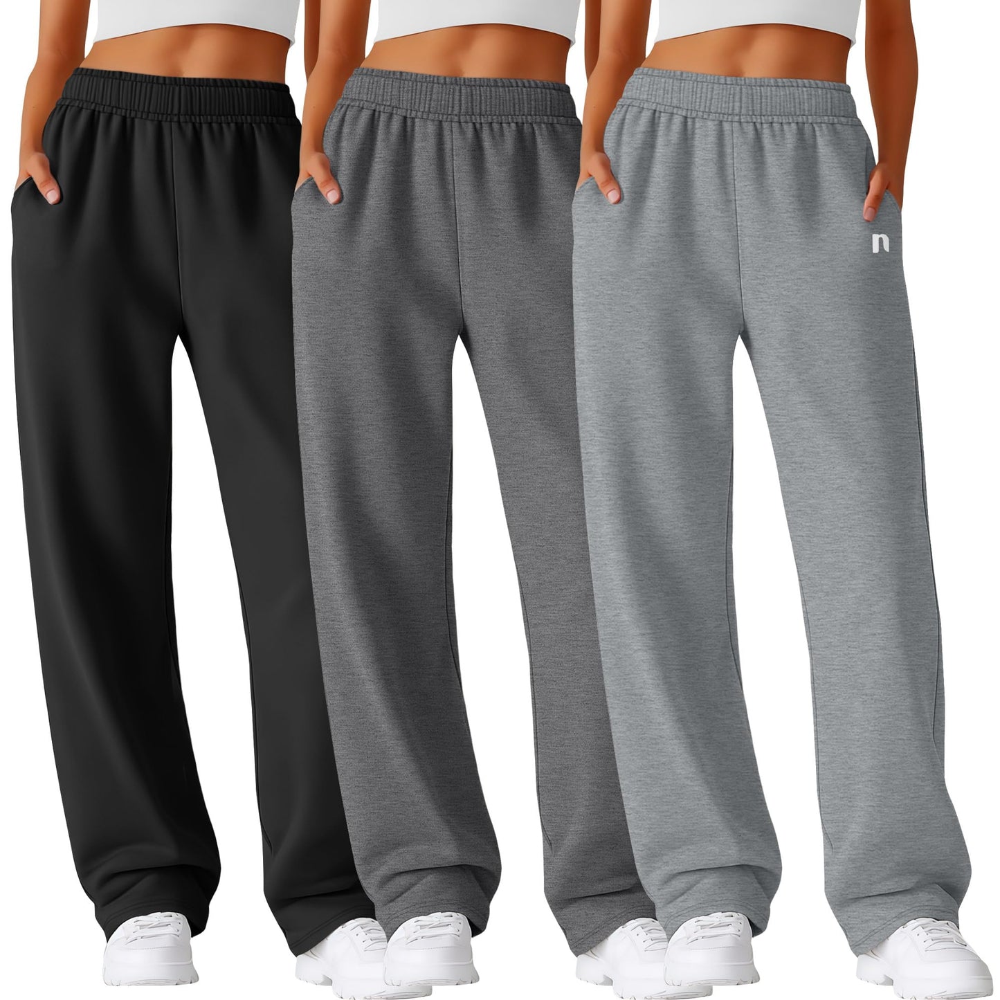Neer 3 Pack Womens Wide Leg Sweatpants Lounge Athletic Joggers Elastic Waist Baggy Straight Leg Long Pants with Pockets(Black, Dark Mixed Gray, Light Mixed Gray,Medium)