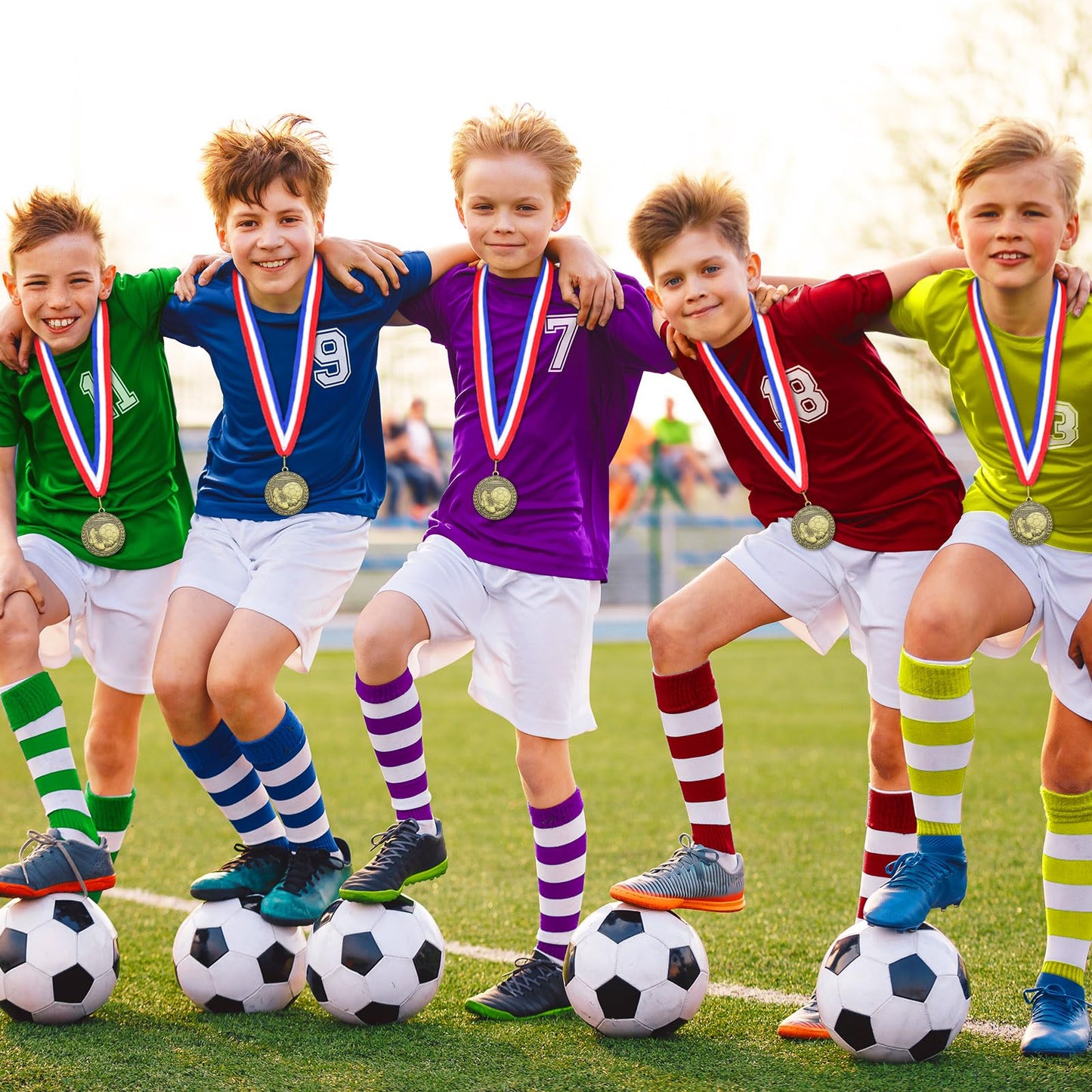 Equsion 36 Pcs 2'' Gold Medals Bulk Volleyball Football Basketball Soccer Baseball Archery Dink Ball Cheer Track Bowling Awards Medals with Ribbons for Sports Participation Winner Gift(Soccer)
