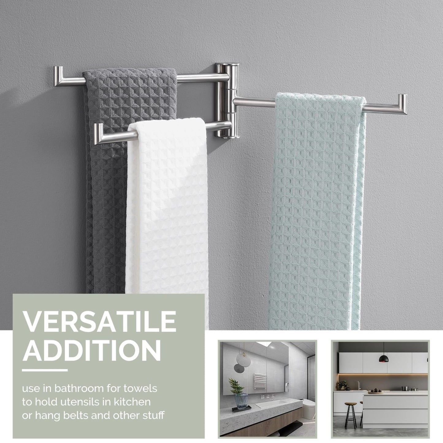 Angle Simple Swivel Hand Towel Holder 3 Bars Brushed Nickel, 304 Stainless Steel Hand Towel Rack for Bathroom Wall Mount