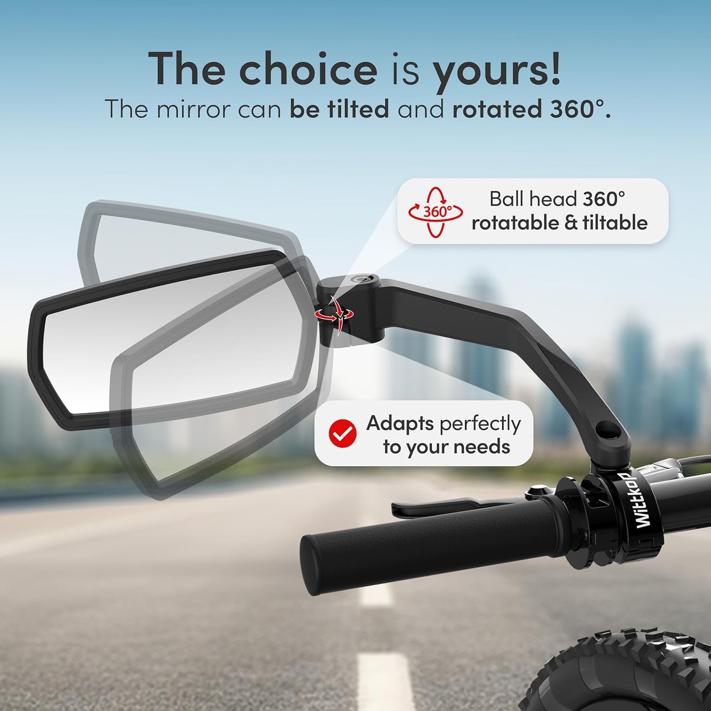 WITTKOP Bike Mirror - Large HD Field of Vision | 360° Rotatable & Foldable | Durable eBike Accessory