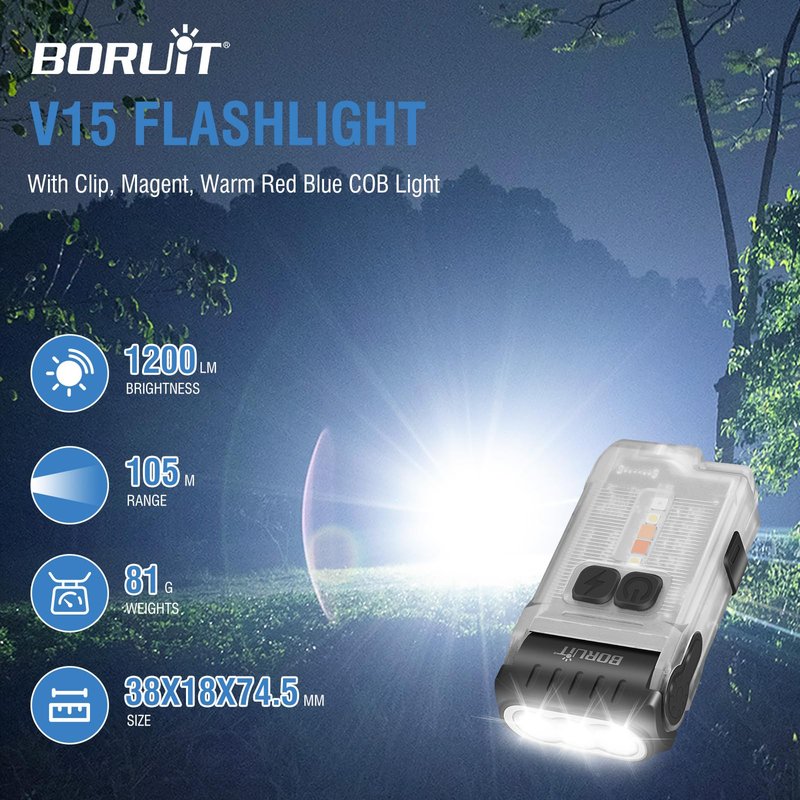 BORUIT V15 Small Flashlight Powerful Super Bright with 80° Swivel Head, Clip Magent Warm Red Blue COB Light - Mini Pocket Keychain EDC Flashlights USB Rechargeable IP67 LED Flash Light
