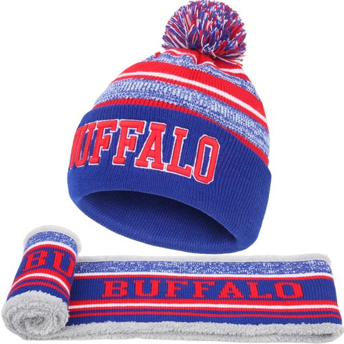 Buffalo Winter Beanie Hat Circle Scarf Set, Warm Football Knit Beanie Hat, Neck Warmer Scarves, Stylish Pom Pom Beanie Cap, Winter Gifts for Sport Fans with Stickers