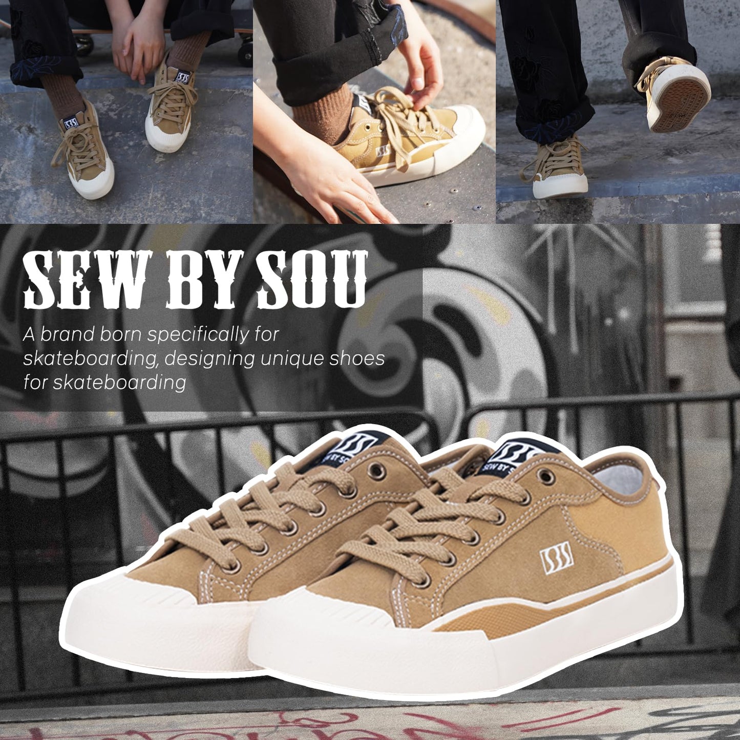 SEW BY SOU Skateboard Shoes for Men Leather Low Top Pro Skateboarding Training Casual Sneakers