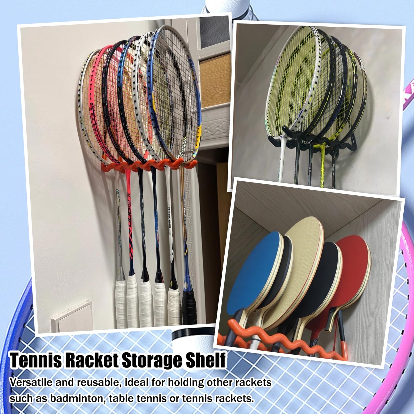 2 Pack Tennis Racket Holder, Wall Mounted Tennis Racket Storage Rack, Badminton Racket Stand for Badminton Rackets Tennis Rackets Table Tennis Rackets with Hardware and Anti-Scratch Silicone Tube