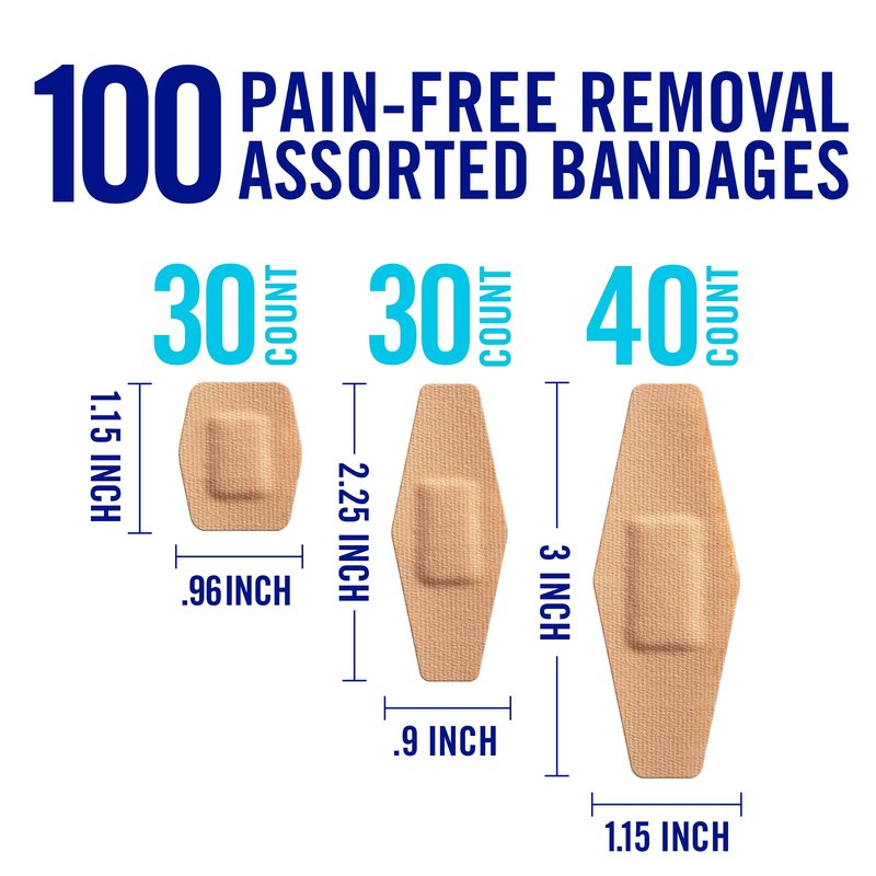 Nexcare Duo Bandages, Painless Removal, Strong Adhesive Bandages Stay on for 24 Hours, Flexible Fabric Construction - 100 Pack Assorted Sizes