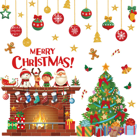 Christmas Wall Decals Christmas Tree Wall Stickers Xmas Ball Fireplace Decals Stickers Removable Merry Christmas Wall Decorations for Xmas Party Bedroom Living Room Office Home Decor, 4 Sheets