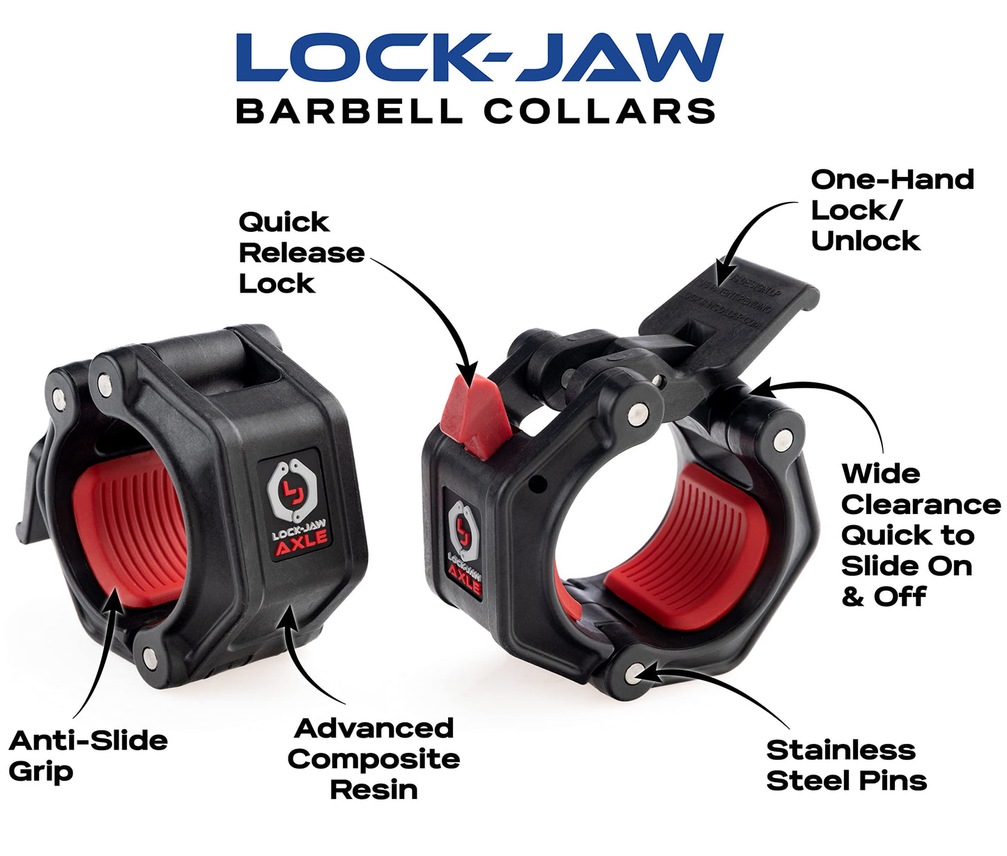 Lock-Jaw PRO 2 AXLE Barbell Collars (Black) Barbell Clamps - 1 Pair Heavy Duty Bar Clamps for 1.9" Specialty Olympic Bars – Secure Weight Bar Clamps for Strength Training & Gym Accessories