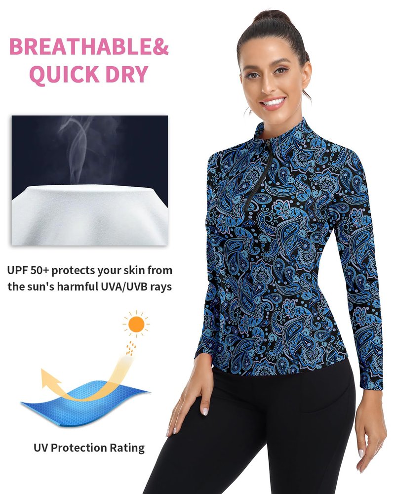 Women's 1/4 Zip Pullover Long Sleeve Athletic Shirt Collared Running Top Quick Dry Tennis T-Shirt (Blue Paisley-054,Large)
