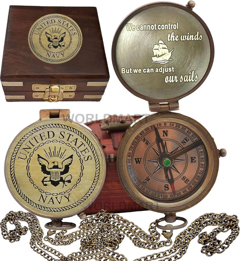 US Navy Military Gifts for Men Women - Personalized Retirement Compass for Son Mom Dad Family - Engraved United States Navy Gift (Navy with Wooden Box)