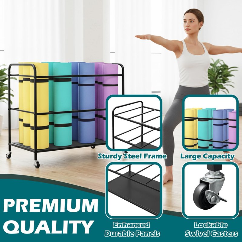 VERSSURE Yoga Mat Storage Basket,Yoga Mat Rack with Lockable Wheels,Holds up to 90lbs Gym Equipment Organizer Holder for Dumbbells, Kettlebells and Foam Rollers (Black)