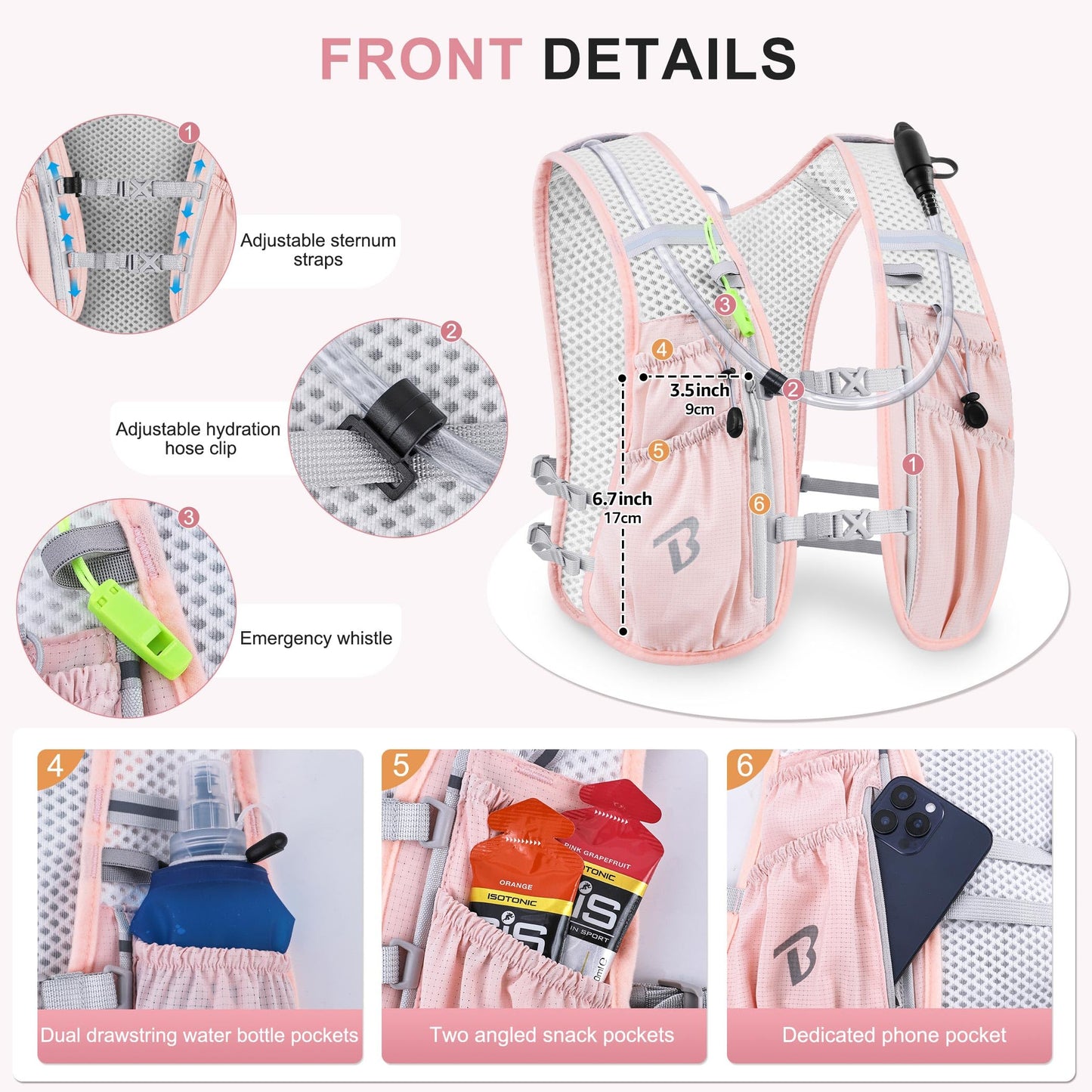 BECOJADDE Running Vest for Women Men with One 1.5L Water Bladder, 5L Lightweight Hydration Backpack Running Pack for Marathon, Trail, Cycling, Hiking, Jogging, Pink