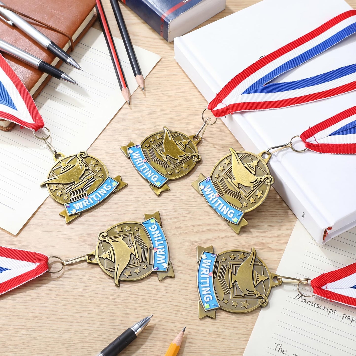 Loetere 20 Pcs Academic Excellence Medals Bulk 2.4 inch Reading Gold Medals with Neck Ribbons Metal Trophy Award Prize Gifts for Adult Book Lover Competitions Party (Writing)