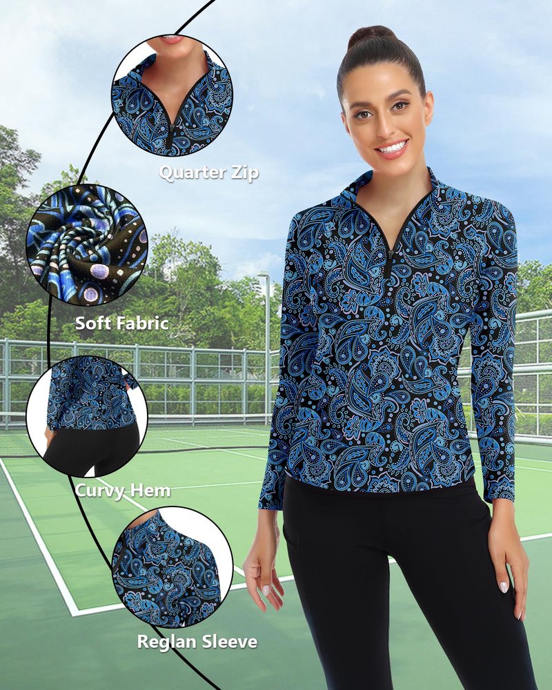 Women's 1/4 Zip Pullover Long Sleeve Athletic Shirt Collared Running Top Quick Dry Tennis T-Shirt (Blue Paisley-054,Large)
