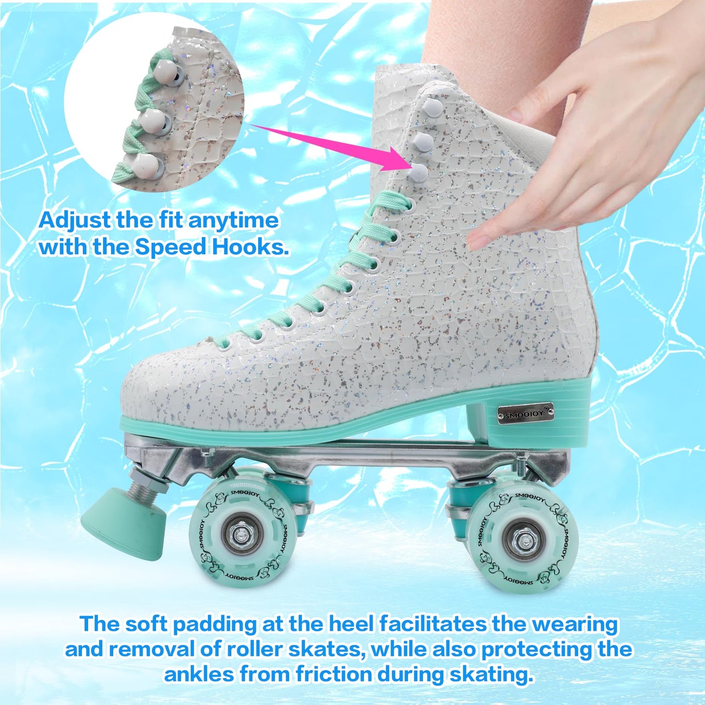 SMOOJOY Roller Skates for Women Girls and Kids, Light Up Wheels - White Quad Outdoor PU Leather High-Top Design Derby Rollerskates for Beginners Youth Sizes 2 3 4 5 6 7 8 9 10 11