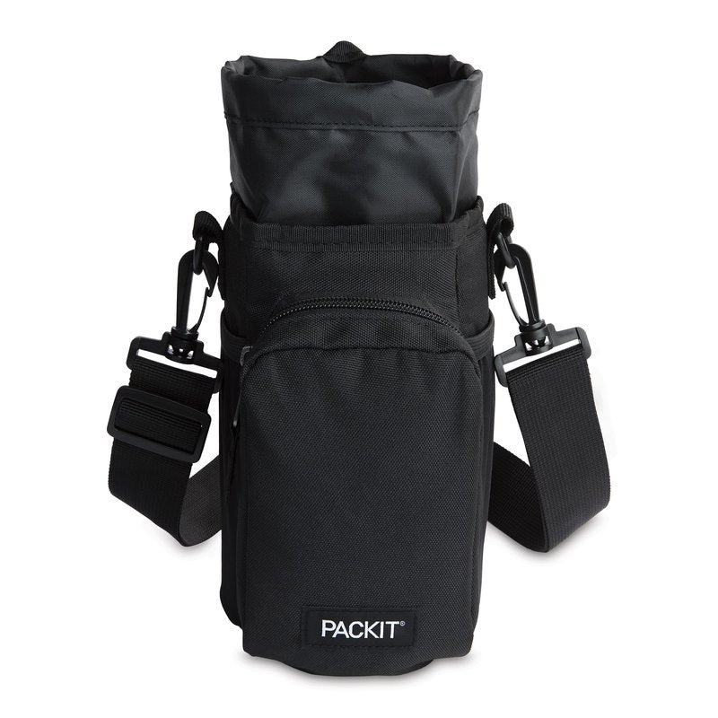 PackIt Freezable Hydration Crossbody Water Bottle Carrier with Strap, Fits 32,40 oz and 64 oz - Triple Function Design, Removable Freezable Insert, Adjustable Crossbody Strap, Front Zip Pocket - Black