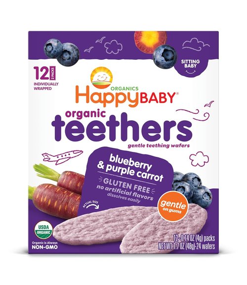 Happy Baby Organic Teething Wafers - Soothing Blueberry & Purple Carrot Rice Cookies | 0.14 Oz Packets (Box of 12)