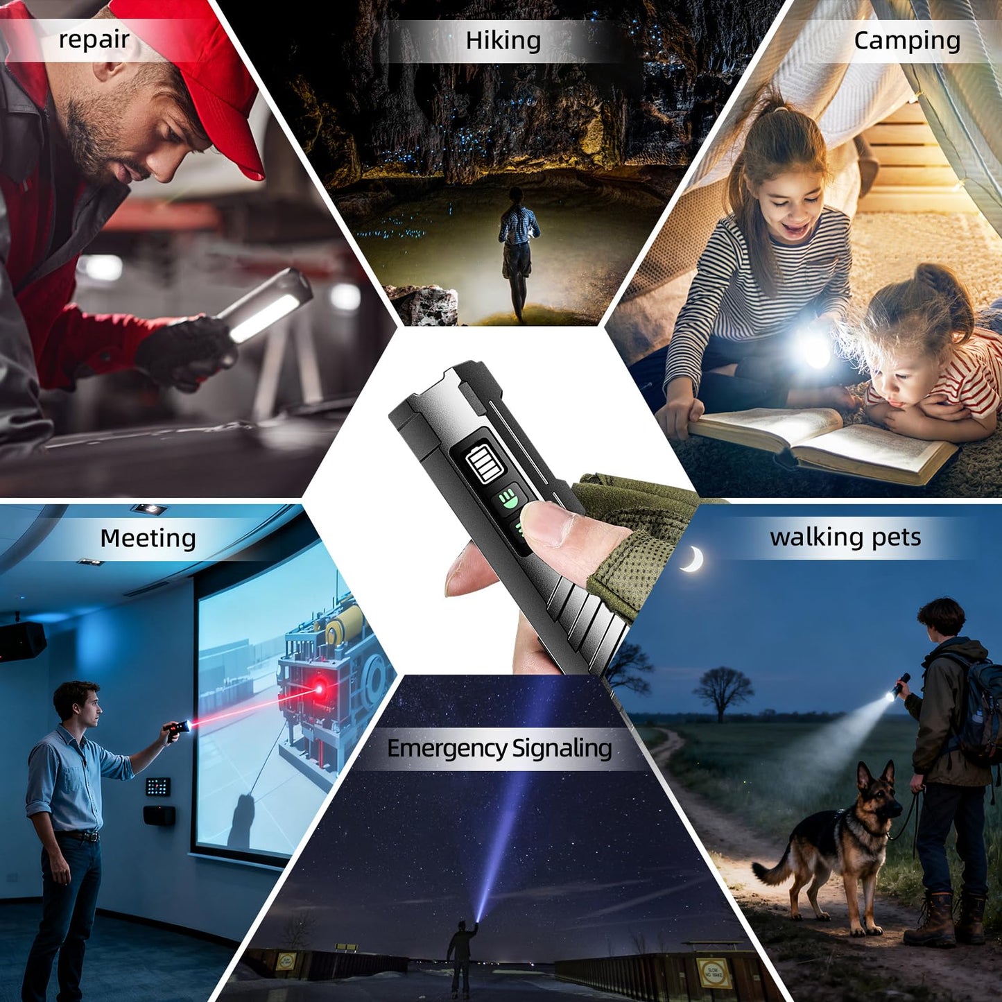 RYCELYSIAN EDC Flashlight Rechargeable with 1600 Lumens 7 LED Modes Magnetic Base and Bottle Opener Waterproof Small Flashlight with Red Beam for Home Outdoor Camping and Emergency（Black