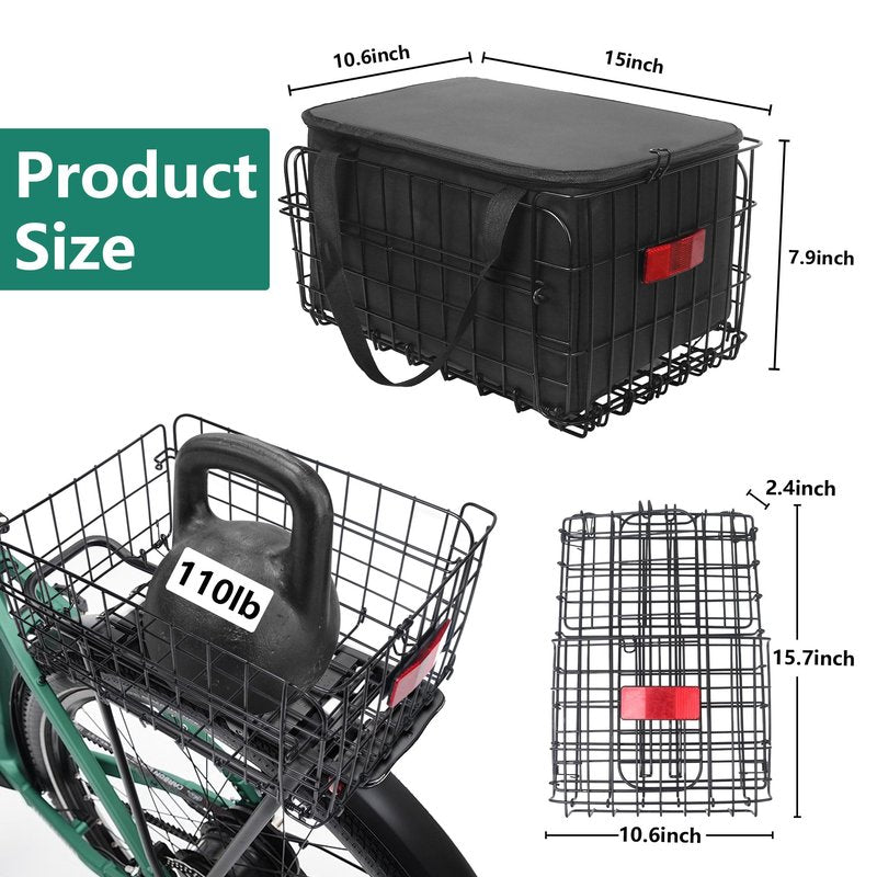 Folding Bike Basket Rear, Bike Rear Rack with PU Waterproof Liner Bag and Net Cover, Bicycle Baskets for Adult/Kids Bikes, Panniers Bike Bags of Bicycle Accessories