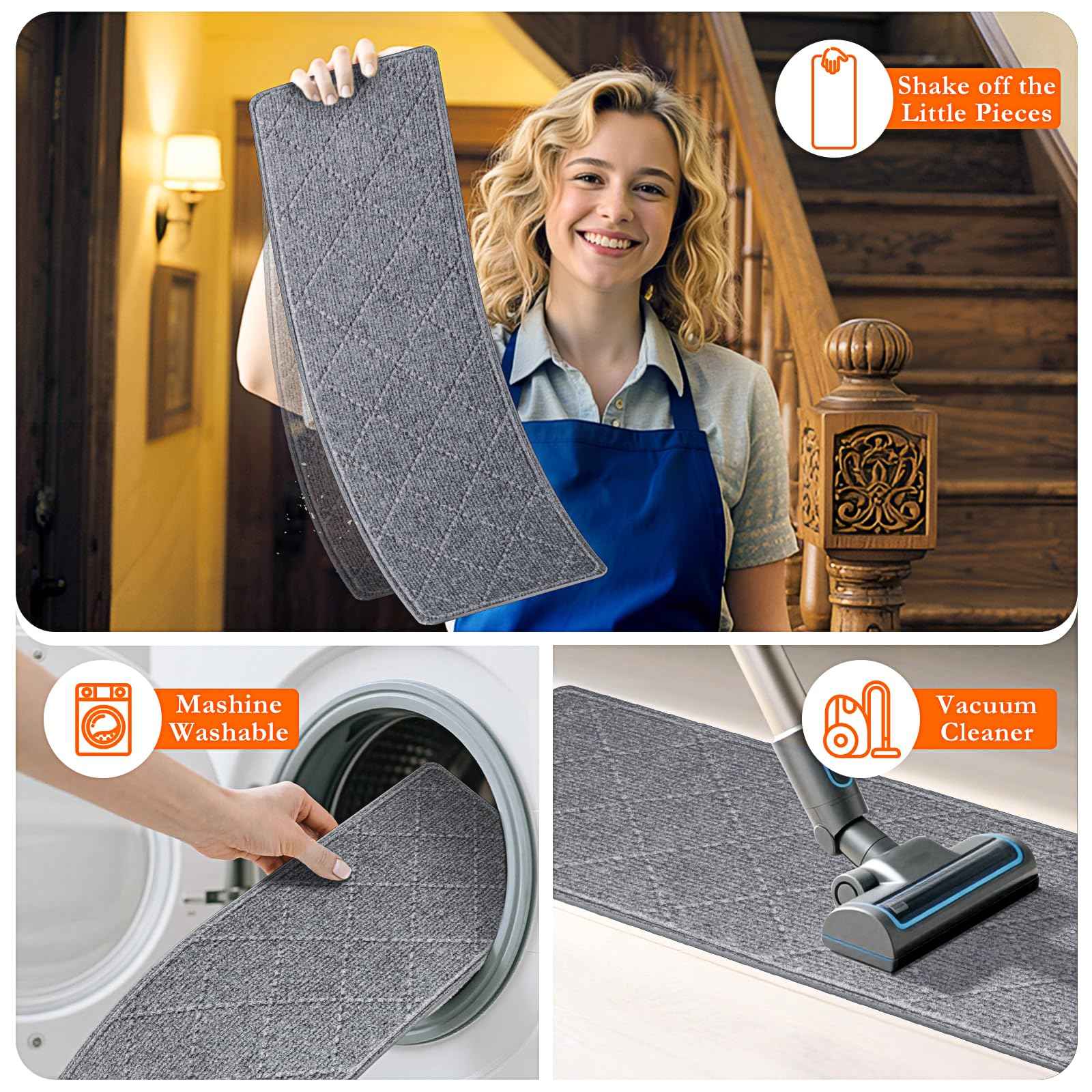 DailyCuddles Stair Treads for Wooden Steps 4 PCS - 8’’ x 30’’, Non Slip Stair Runner, Machine Washable Stair Rugs Strips for Kids Pets and Elderly, Indoor Carpet for Stairs (Grey)