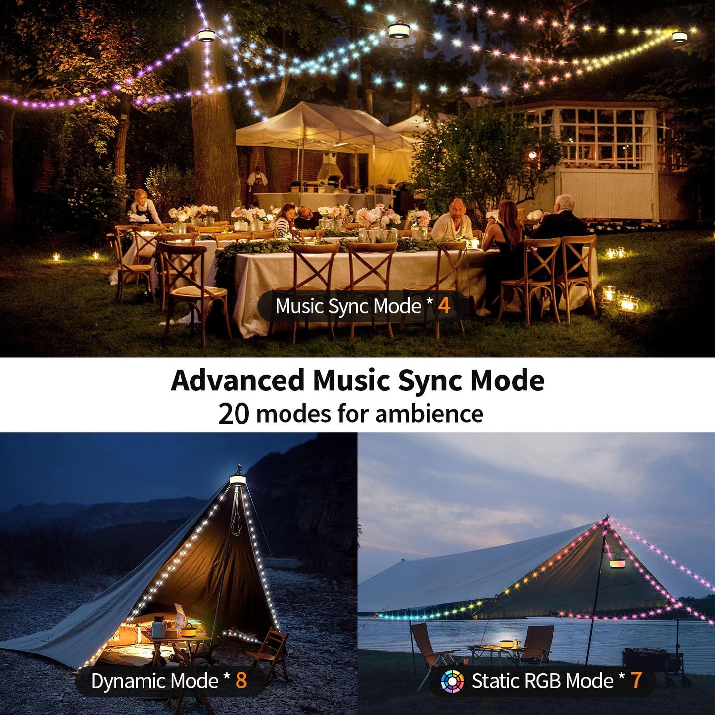 TOHETO Camping String Lights, 3 in 1 Upgraded Retractable RGB Outdoor String Lights with 19 Lighting Modes, Quick 30s Recovery, 32.8 FT Portable Tent Lights, Rechargeable Camping Lantern (Black)