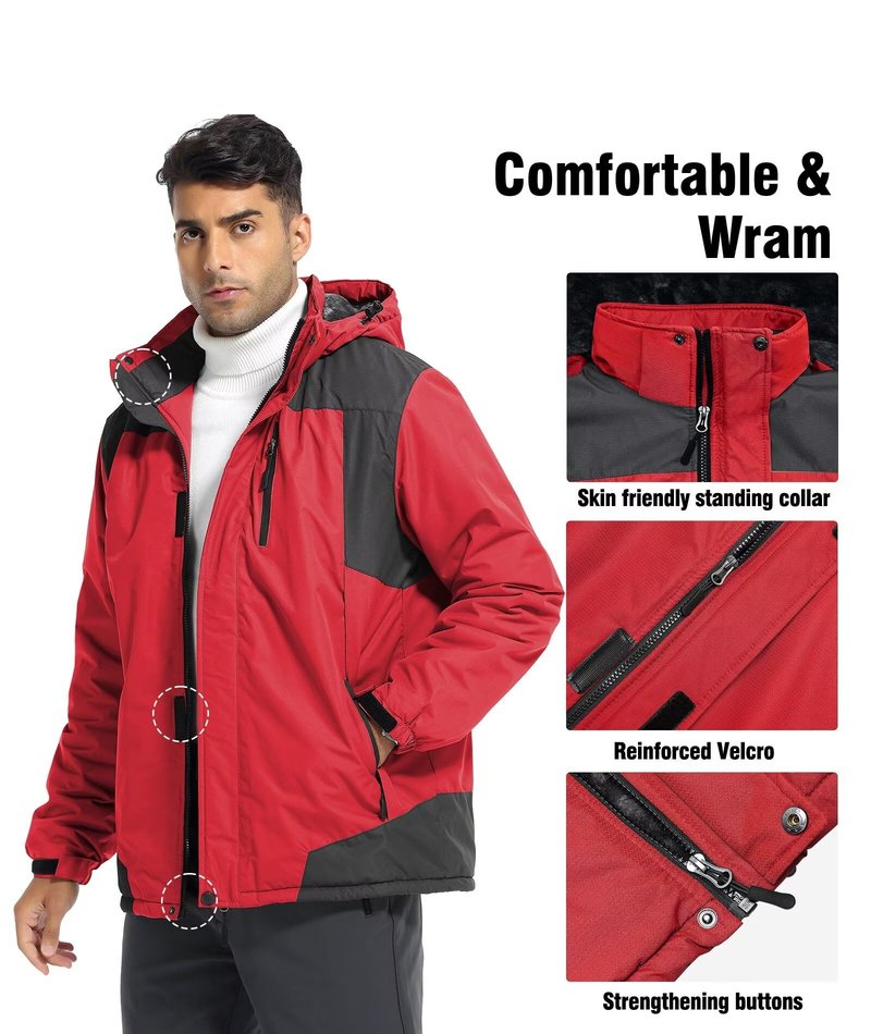 Zoofly Winter Jackets for Men Fleece Lined Wear Resistant Skiing Coats Mens Zipper Pocket Hiking Jacket Thermal Red XL