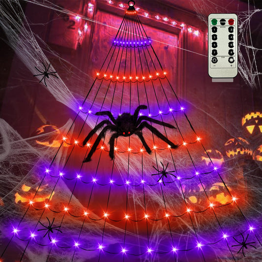 Anycosy Halloween Lights Decoration, 10 FT×10 FT 110 LED Spider Web with Remote Control and Timer, Orange and Purple Halloween Light Outdoor 8 Modes for Decor
