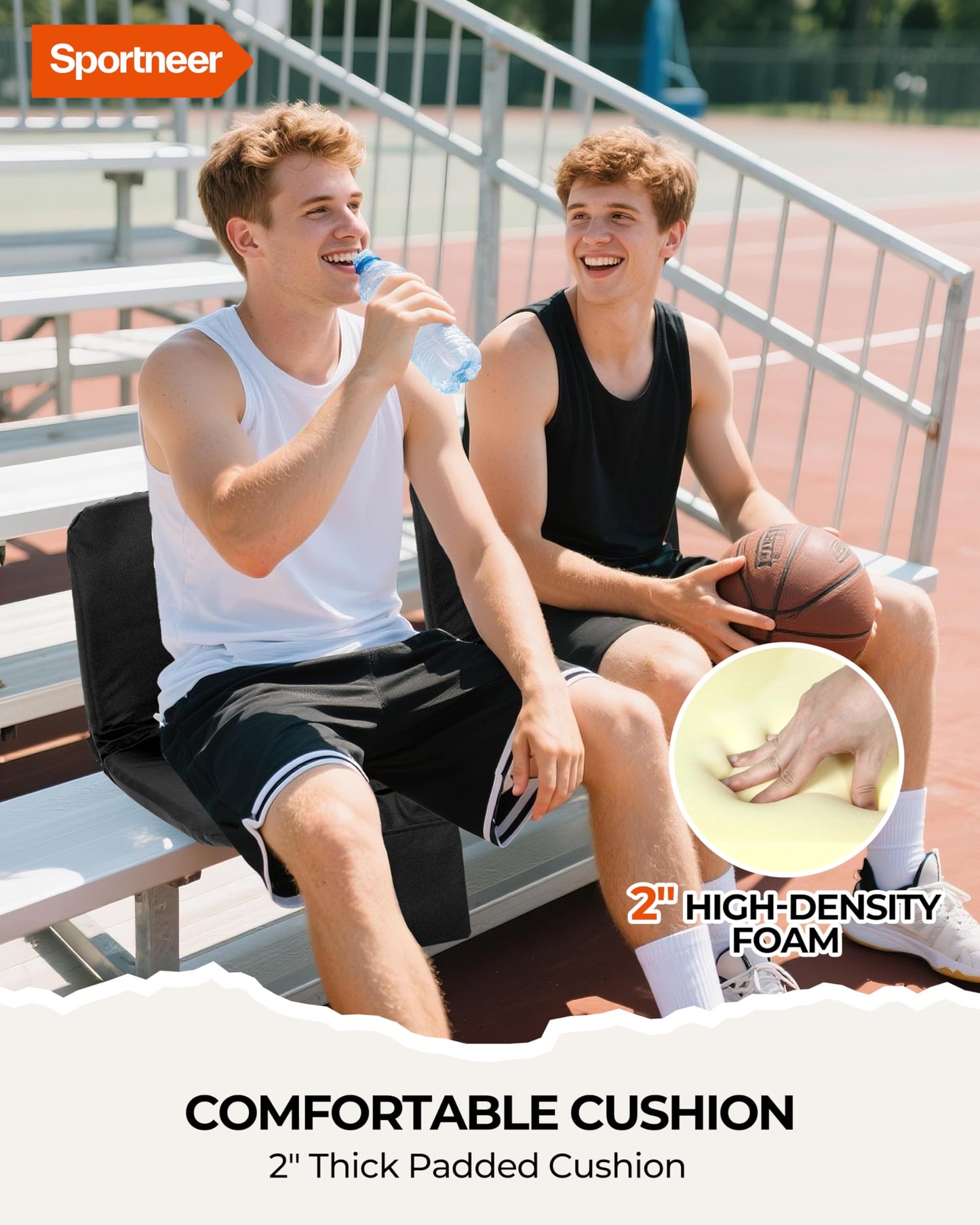Sportneer Stadium Seats with Back Support: 6 Reclining Positions Bleacher Seat with Carry Handle & Storage Pocket - Folding Bleacher Chairs with Back and Cushion for Sports Outdoors Events, Black