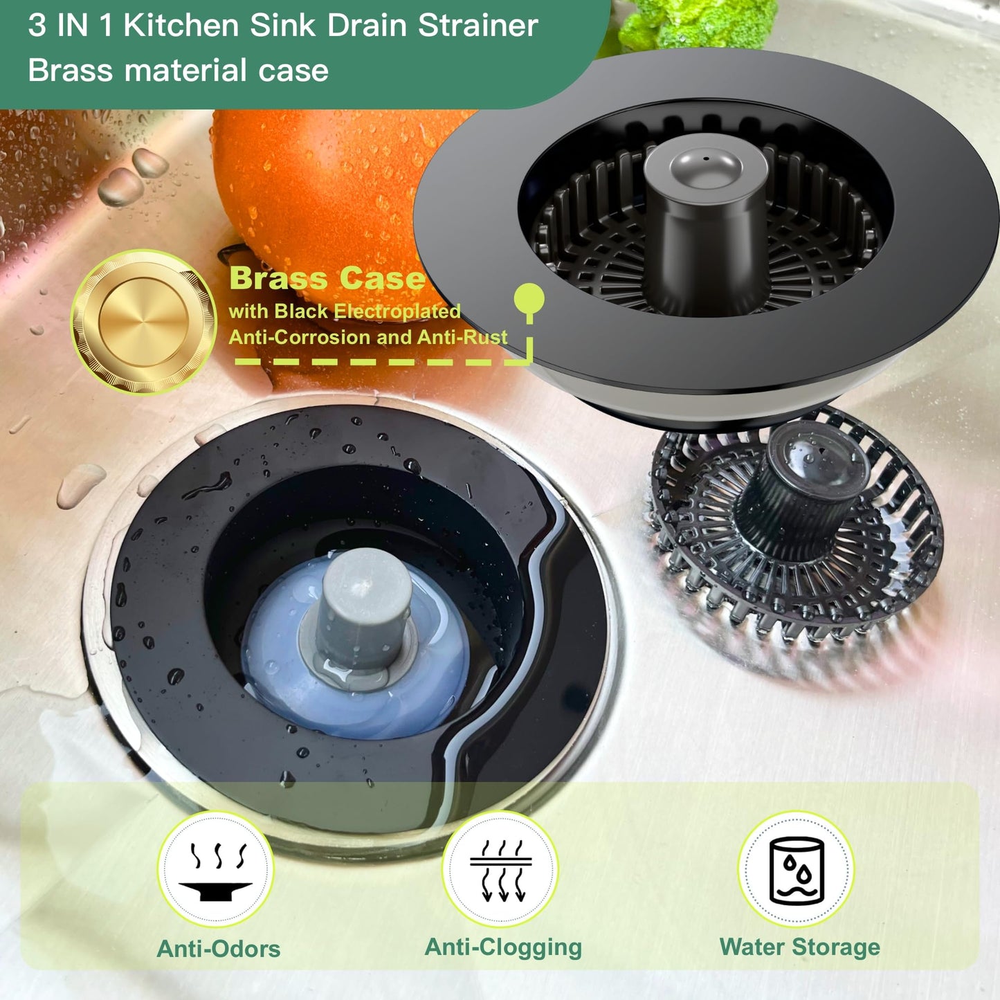 Sink Drain Strainer, 3 in 1 Kitchen Sink Drain Strainer, Kitchen Sink Stopper, Sink Drain Stopper, Sink Strainer with an Extra Anti-Clog Basket for US Standard 3-1/2'' Sink Hole, Brass Material Black