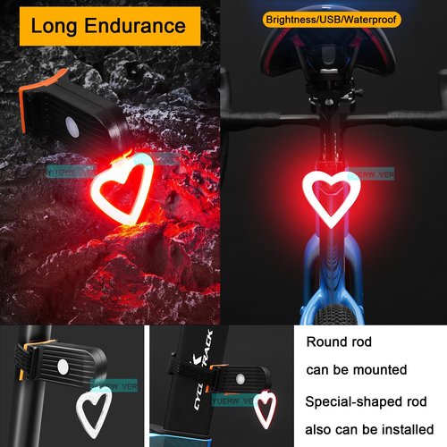 YUERWOVER Rechargeable Bike Tail Light LED Bicycle Rear Light Cycling Night Essential Bright Seat Back Safety Lamp Heart Shape 5 Modes Warning Waterproof Flash MTB Light for Men Women Kids(Heart)