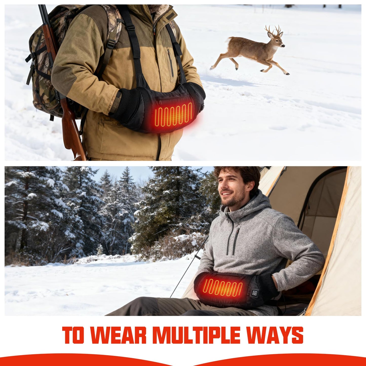 Heated Hand Warmers Pouch 10000mAh Electric Heated Hand Muff with 3-Level Heat Setting, Rechargeable Power Bank, Adjustable Strap, 2 Pocket for Football, Golf, Hunting, Camping(Includes Power Bank)