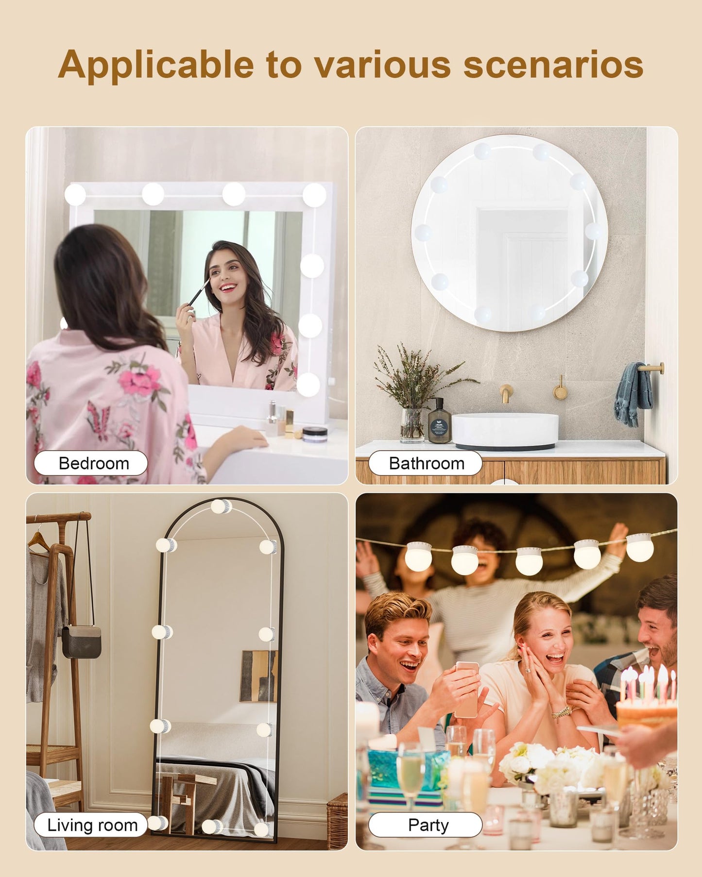 Yarnock 10 Bulbs LED Vanity Lights for Mirror, 3000K 4000K 6500K & 10-Brightness, Wire Length Adjustable, USB Cable, Hollywood Mirror Lights for Makeup Dressing Room Bathroom, White