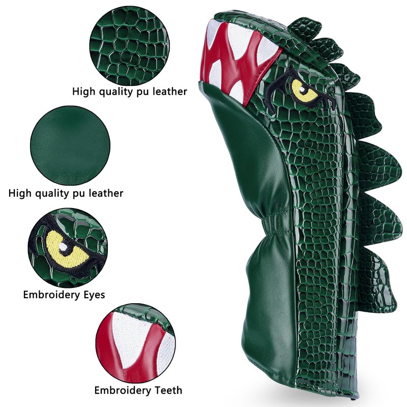 Gbourly Golf Club Green Cartoon Tyrannosaurus Rex Hybrid Head Cover Dinosaur Shaped PU Leather Headcover