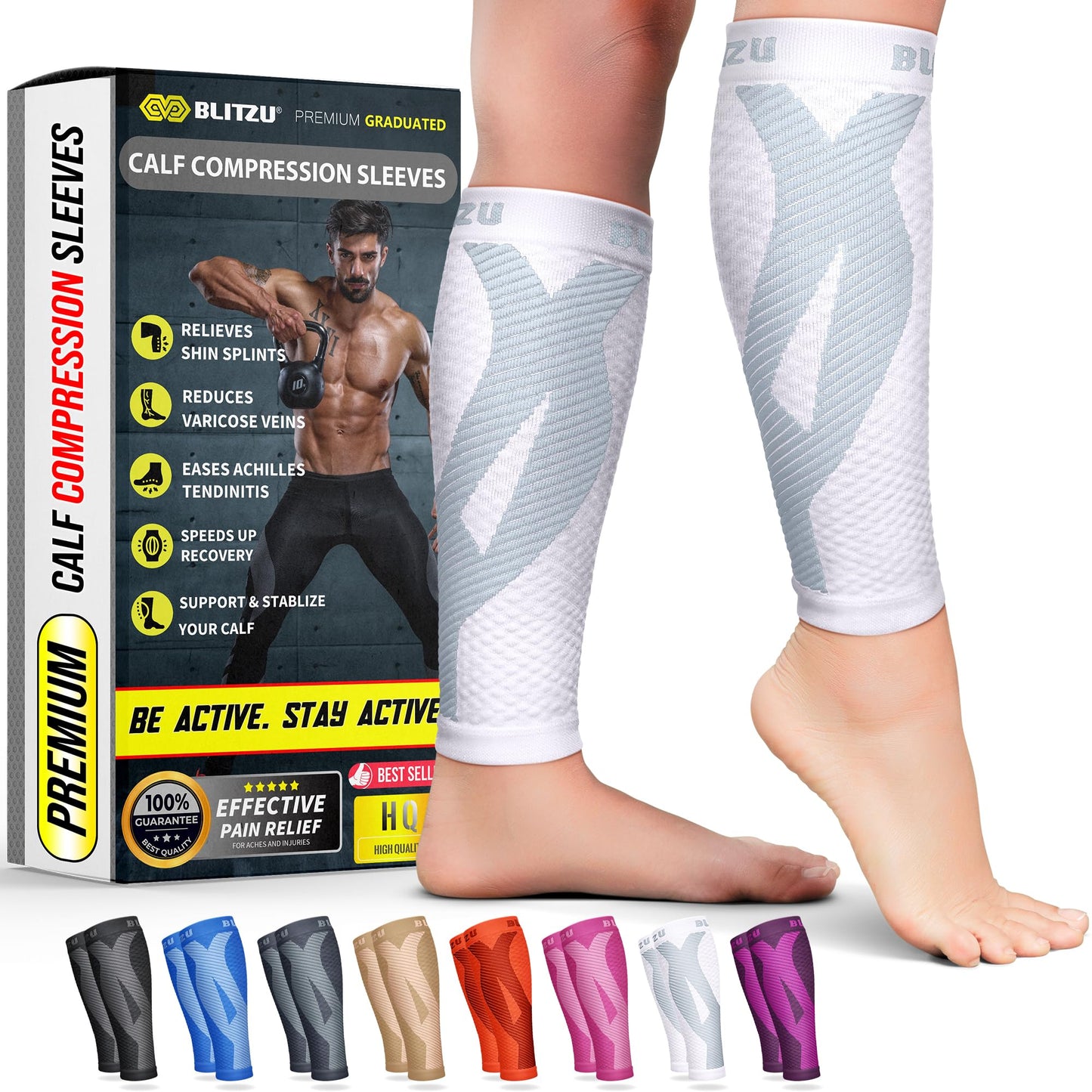 BLITZU Calf Compression Sleeves for Men and Women. Footless Compression Socks Support for Varicose Vein, Nursing, Running. Leg Sleeve Brace for Shin Splints, Pain Relief & Reduces Swelling White S-M