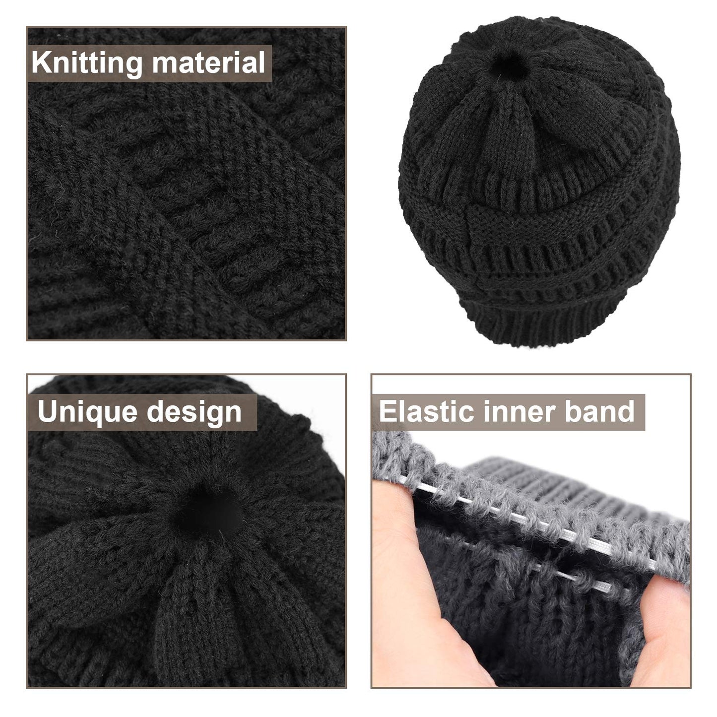 KRATARC Winter Warm Knit Ponytail Hat Beanie Tail Cap for Runner Women Youth Girl (Black & Grey)