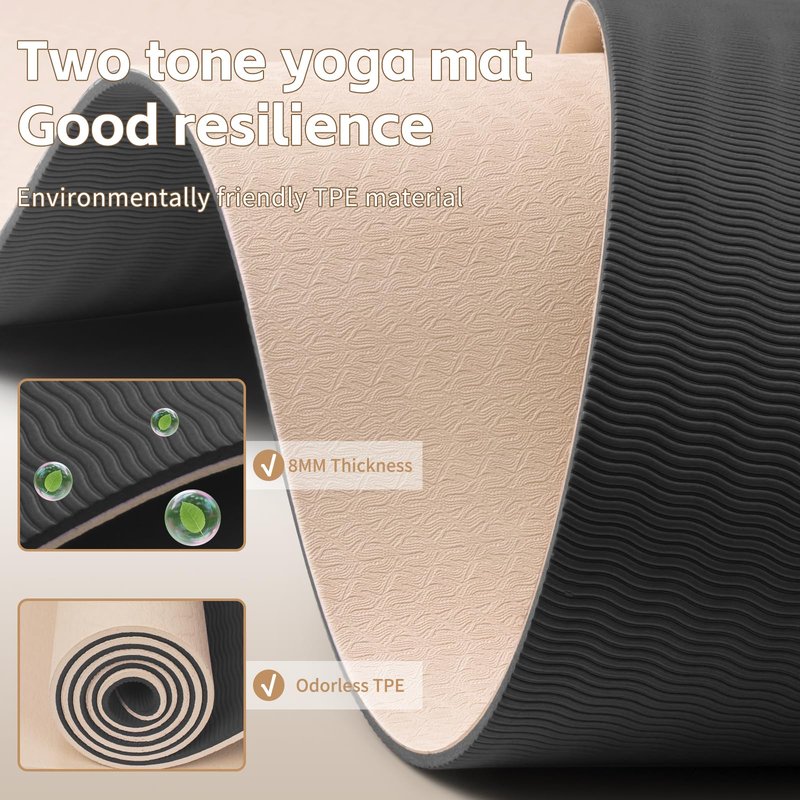 PAIDU Yoga Mat 8mm Super Thick TPE Fitness Mat | SGS Certified | Non-Slip, Odorless & Tear-Resistant | Unisex with Strap | for Yoga, Pilates, Meditation & Home Workouts (Beige&Black)